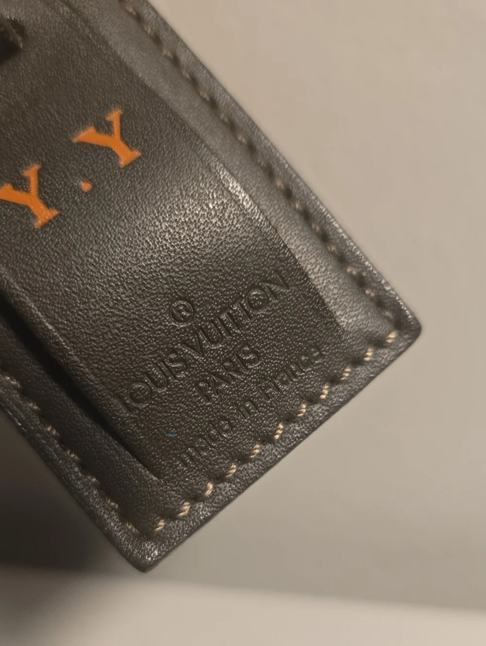 Louis Vuitton Brown Leather Luggage Tag with Orange Initials